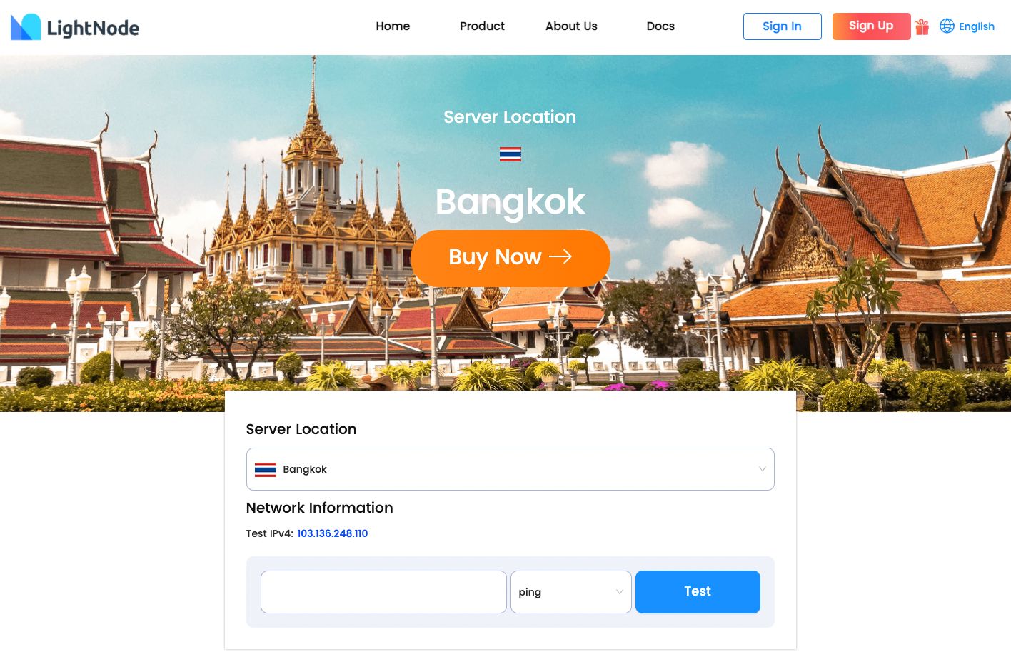 Page de test de vitesse d'hébergement VPS LightNode Thaïlande